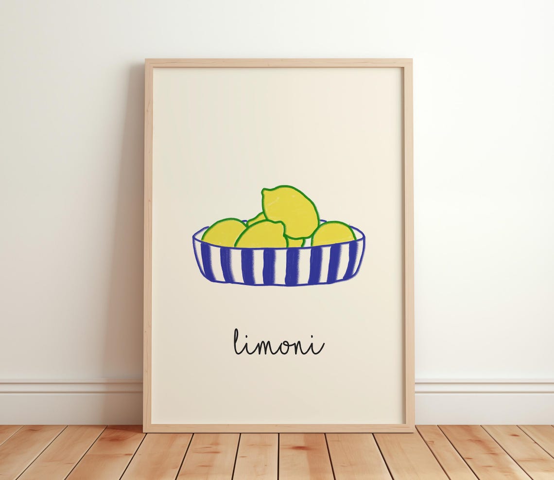 Limoni Italian Lemons in Blue Striped Bowl Kitchen Poster Artwork