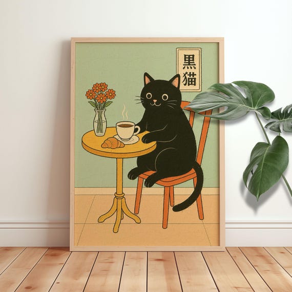 Japanese Black Cat And Croissant Funny Kitchen Print Wall Art Japandi Relaxing Poster Trendy Home Decor Vintage