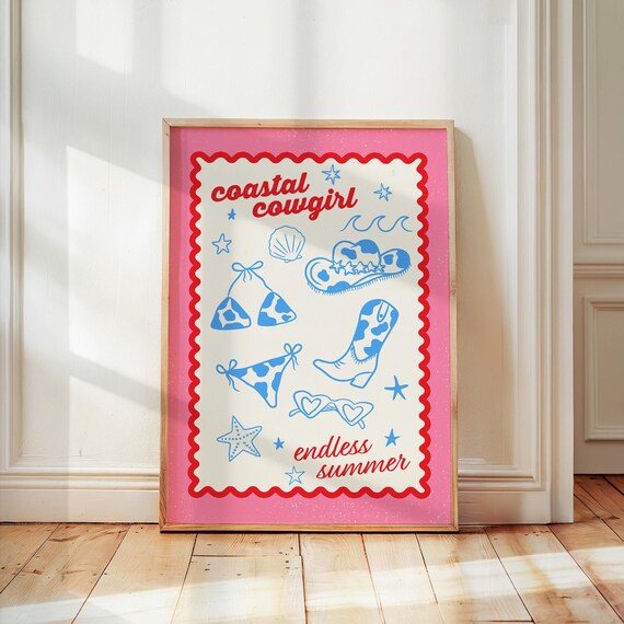 Coastal Cowgirl Endless Summer Pink Doodle Trendy Beach Art Poster
