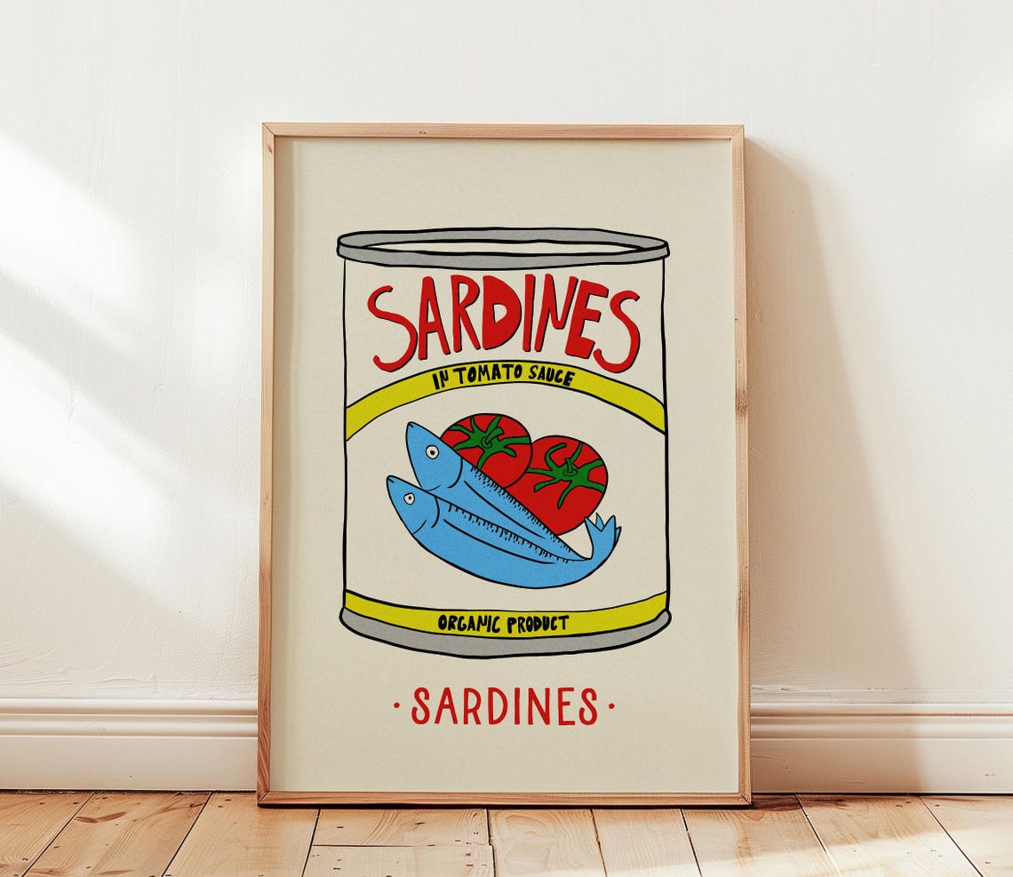 Vintage Sardines Tomato Sauce Tin Can Retro Seafood Kitchen Poster