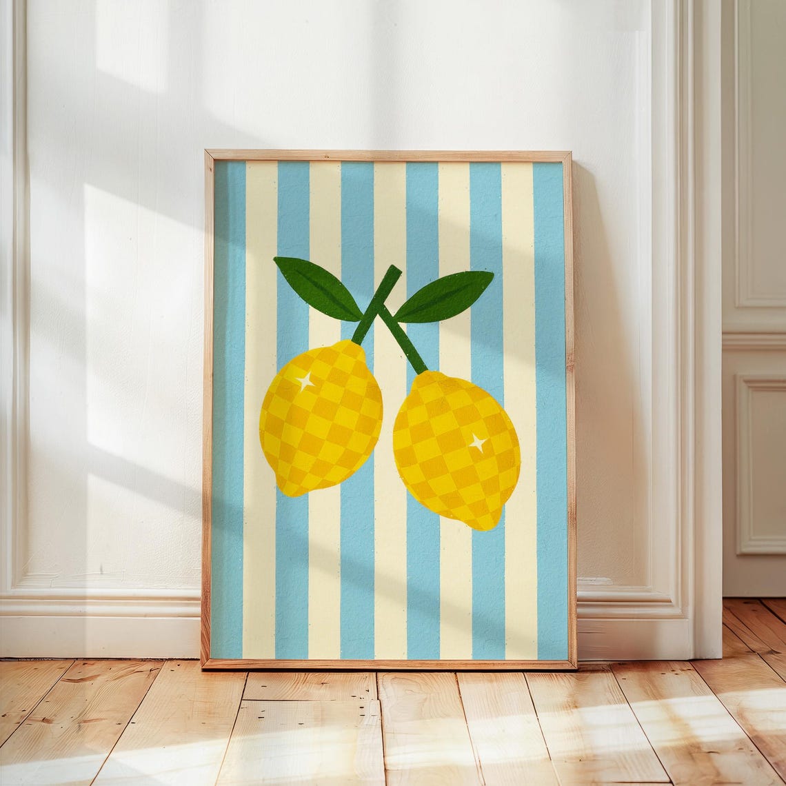 Checkered Disco Lemons Blue Stripes Retro Kitchen Fruit Art Poster