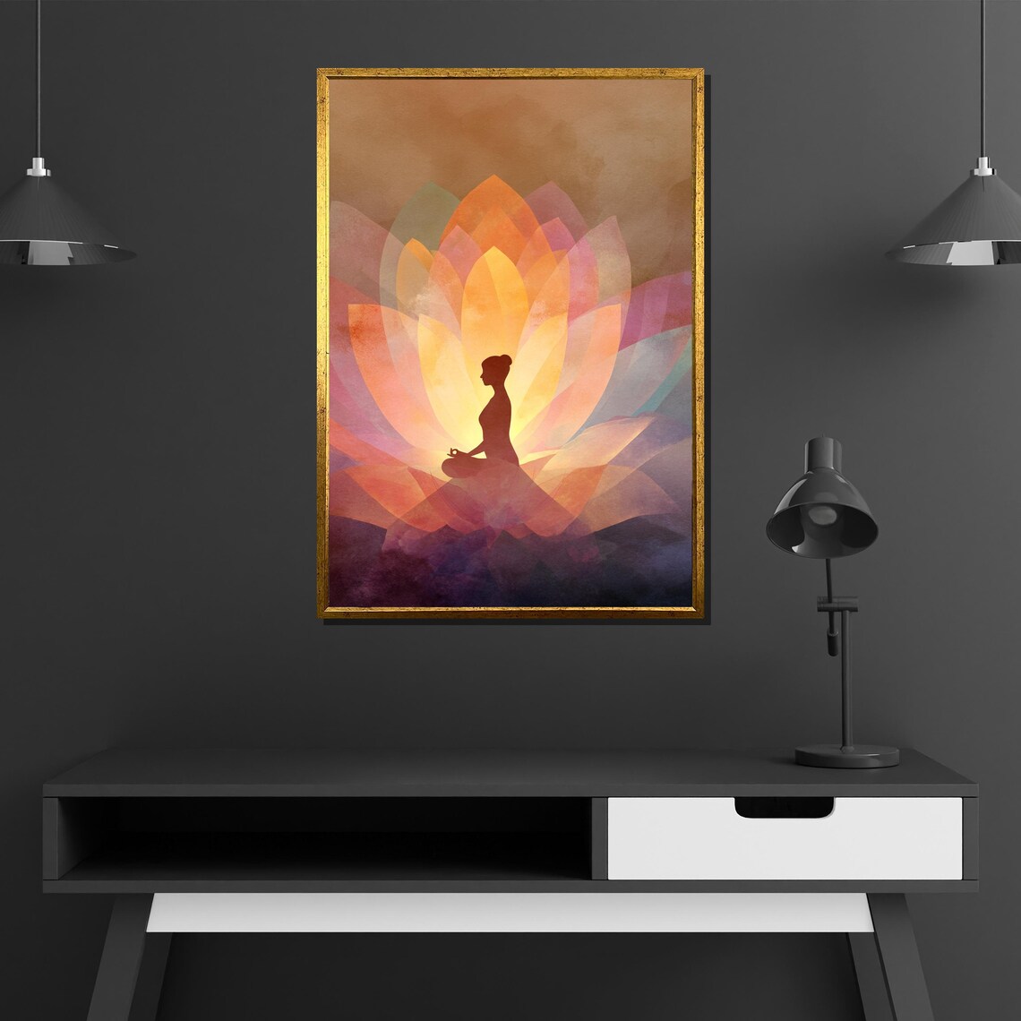 Meditating Woman Silhouette Inside Blooming Lotus Flower Warm Zen Painting Poster - Image 4