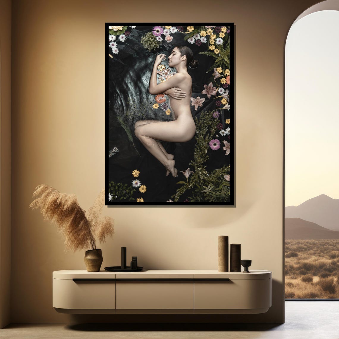 Floral Nude Woman In Water Canvas Painting Artistic Feminine Body With Flowers Serene Nature Wall Art Gift For Bedroom Or Wellness Space - Image 3