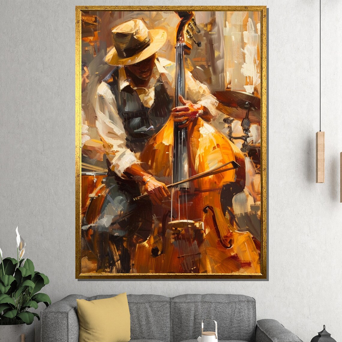 Jazz Bassist Playing Double Bass Vintage Music Painting Poster