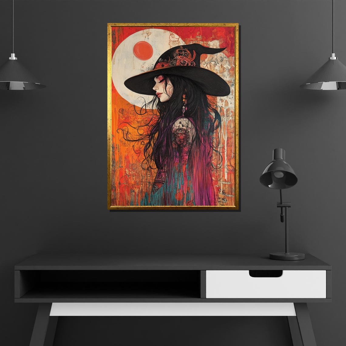 Mystical Witch Woman Gothic Fantasy Orange Moon Dark Painting Poster - Image 4