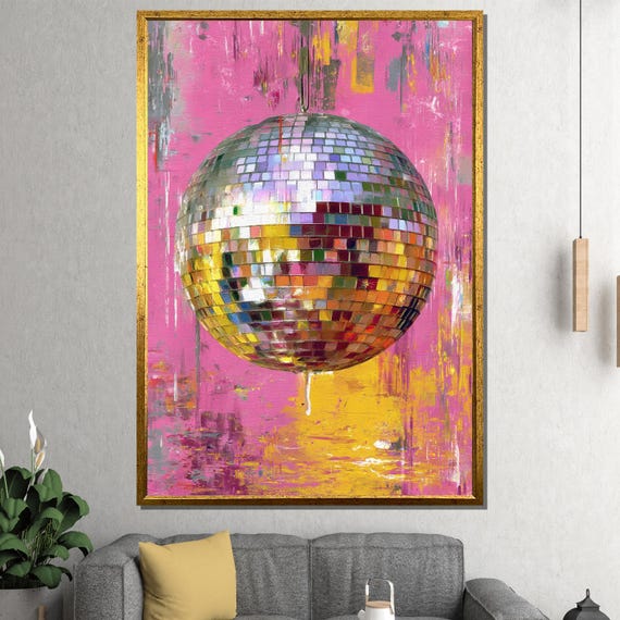 Disco Ball Canvas Painting Ready To Hang Gift Pink Neon Abstract Boho Wall Art For Party Room Dcor Vibrant Modern Interior