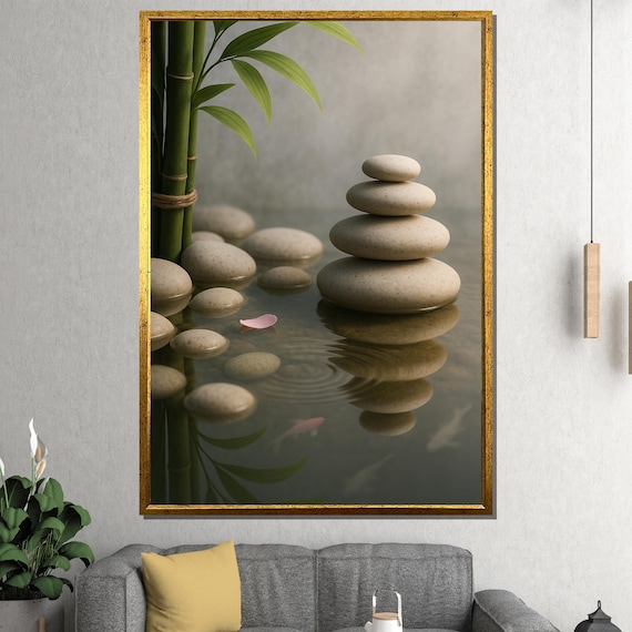 Zen Stacked Stones And Bamboo Still Water Minimalist Calm Poster