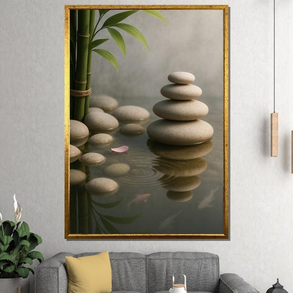Zen Stones And Bamboo Canvas Painting Tranquil Minimalist Wall Art Ready To Hang Gift For Spa Yoga Peaceful Spaces