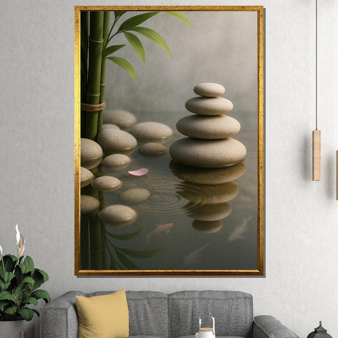Zen Stacked Stones And Bamboo Still Water Minimalist Calm Poster