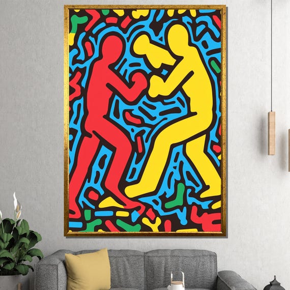 Fighting Figures Canvas Painting Bold Pop Art Wall Decor Ready To Hang Gift For Modern Expression Fans