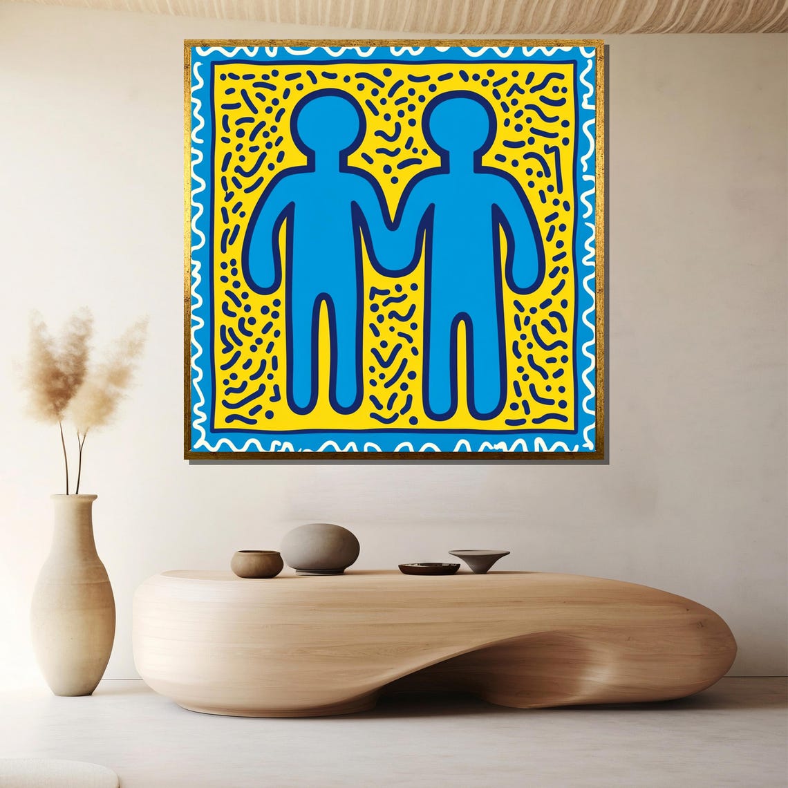 Keith Haring Inspired Blue Friends Holding Hands Together Pop Poster