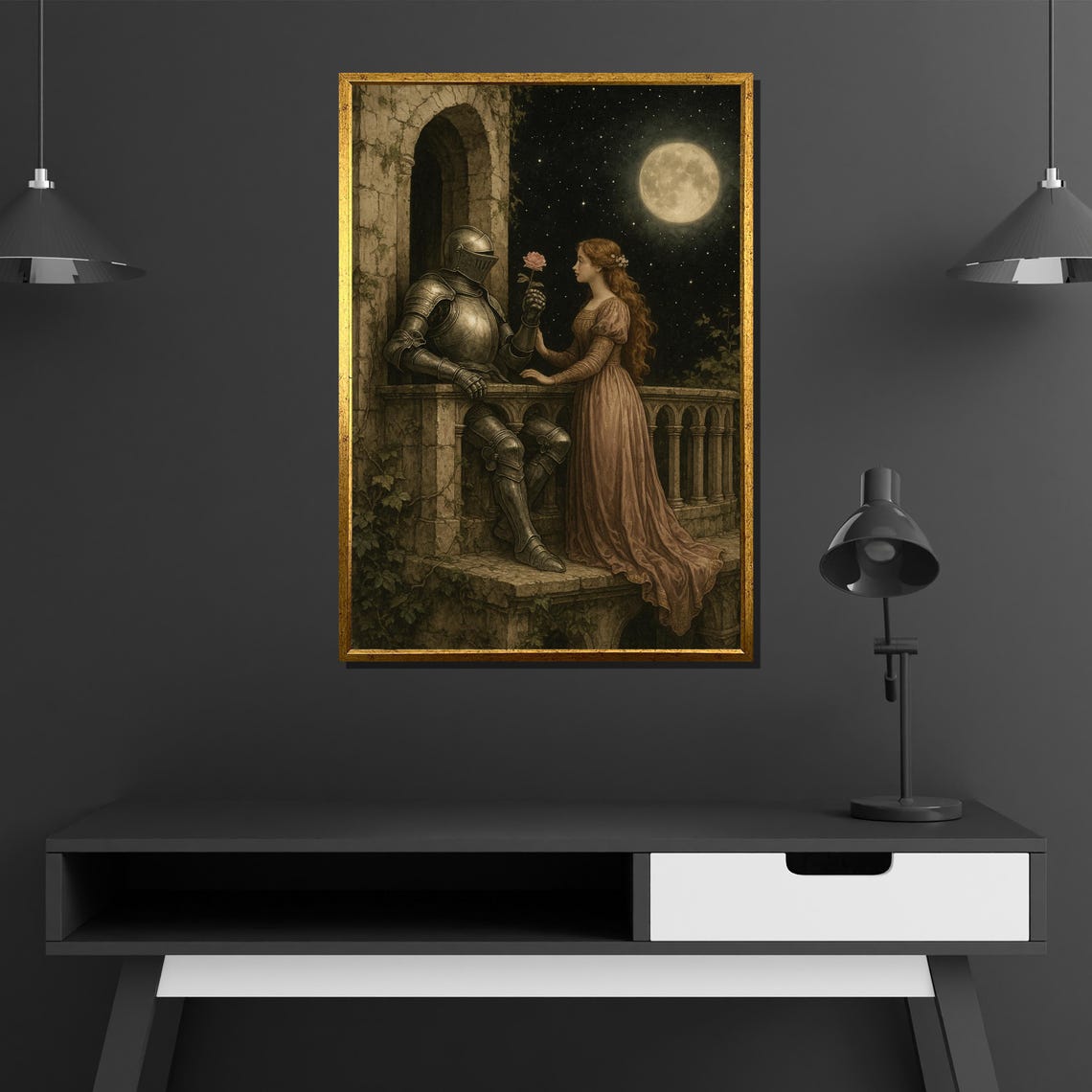 Knight Offering Rose To Lady Moonlit Balcony Romantic Medieval Poster - Image 2