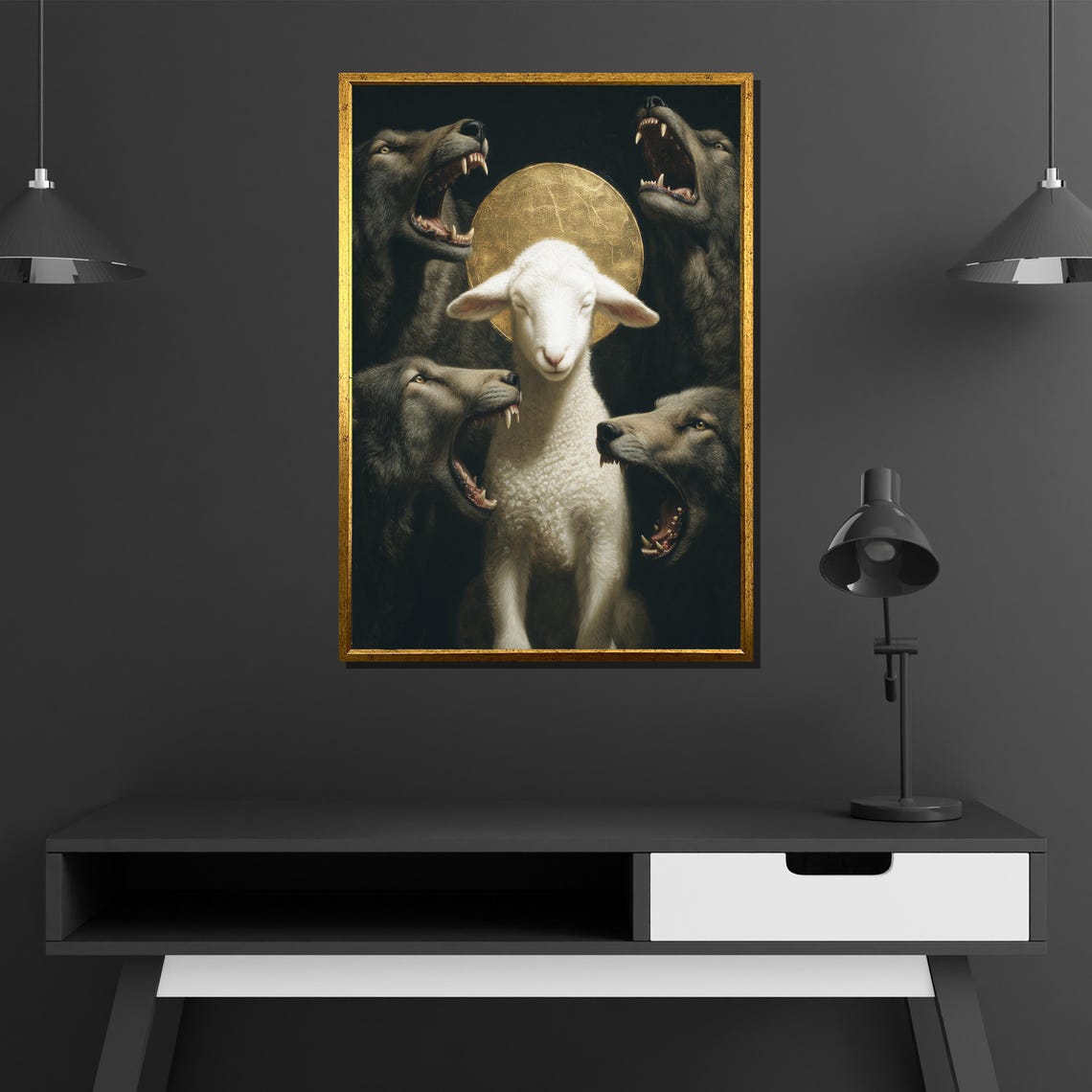 Fearless White Lamb Among Snarling Wolves Golden Halo Art Poster - Image 2