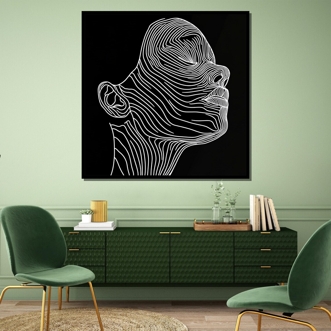 Minimalist Contour Line Face White on Black Monochrome Art Poster - Image 3