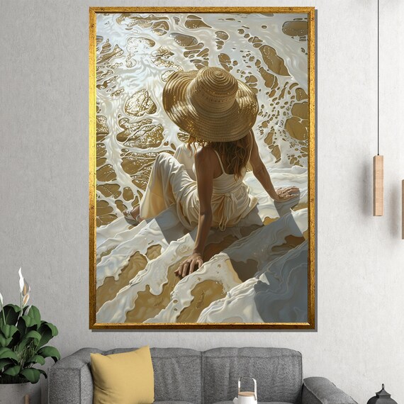 Woman in Straw Hat Sitting in Ocean Foam Waves Aerial Beach View Painting Poster