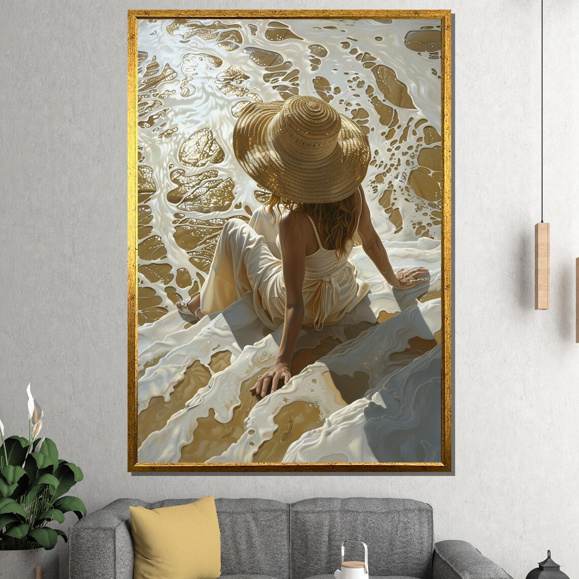 Woman in Straw Hat Sitting in Ocean Foam Waves Aerial Beach View Painting Poster
