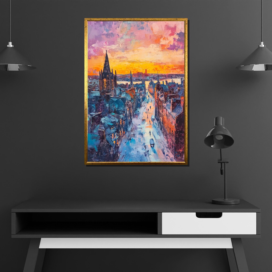 European Old Town Sunset River Church Spire Golden Art Poster - Image 2