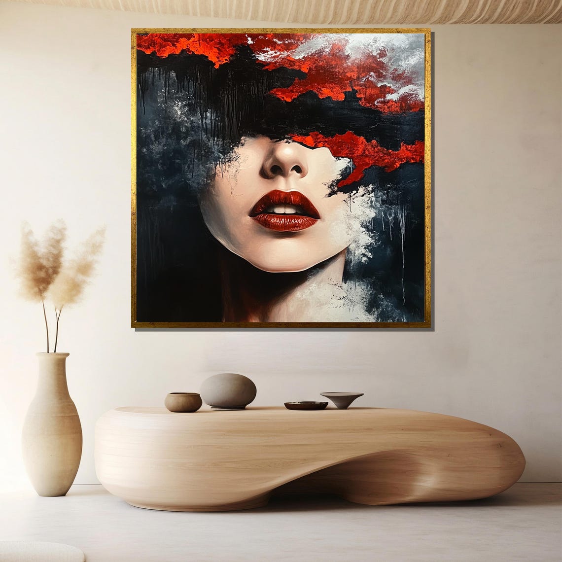 Abstract Woman Face Wall Art Red Lips Portrait With Black And Crimson Brush Strokes For Bold Modern Minimalist Canvas Interior Statement