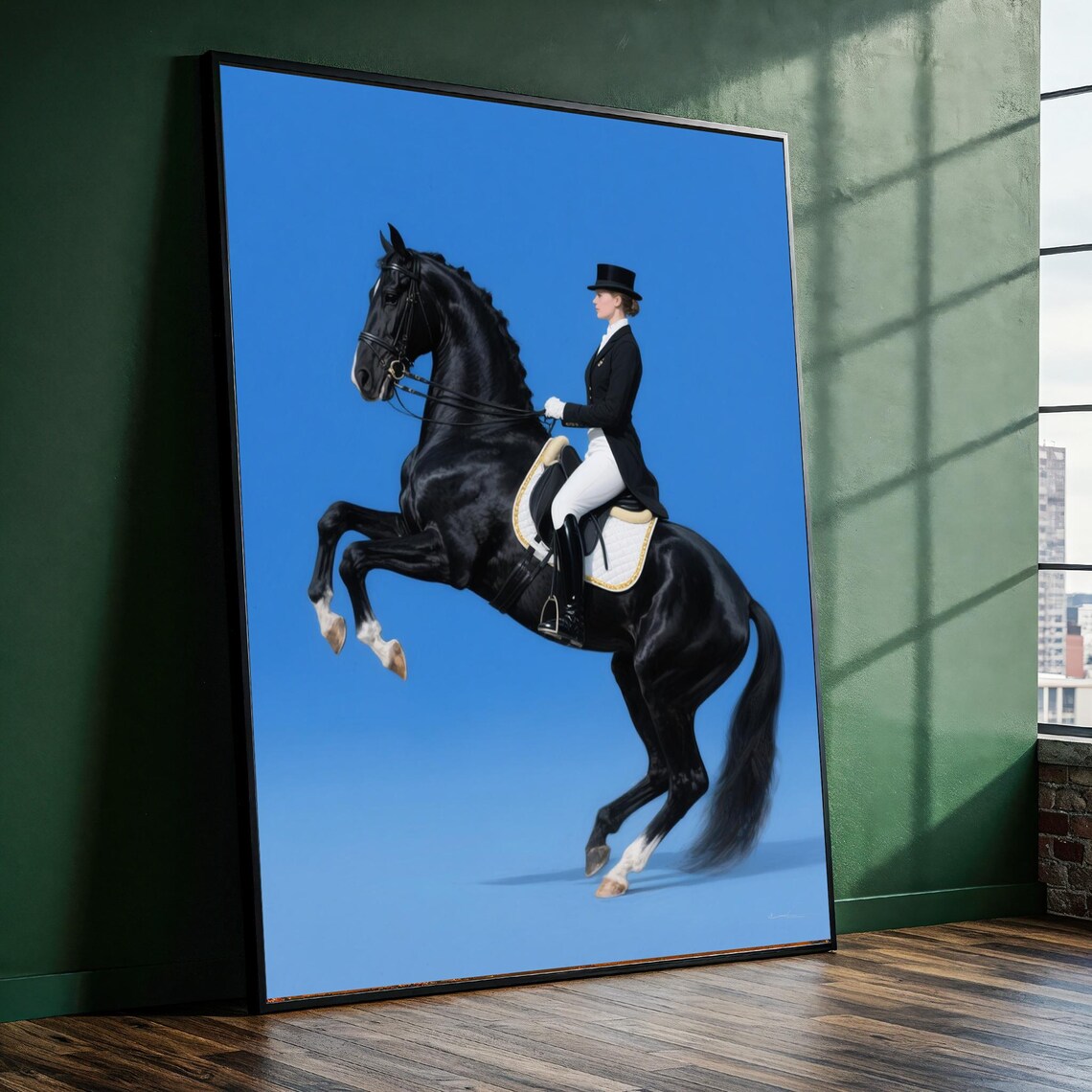 Dressage Rider on Black Horse Rearing Royal Blue Equestrian Poster