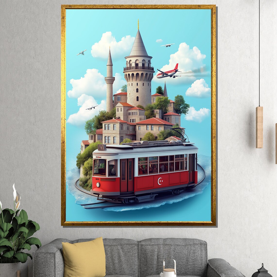 Galata Tower Istanbul Red Tram Whimsical Floating Island Poster