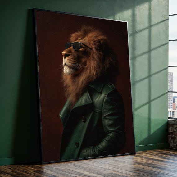 Dapper Lion Portrait Canvas Painting Ready To Hang Gift Boho Wall Art Surreal Animal Decor