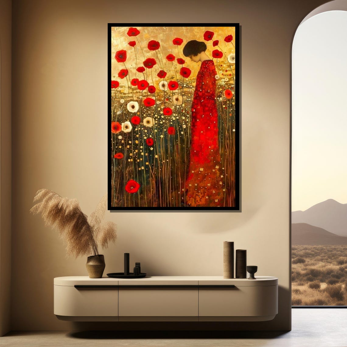 Golden Red Poppy Woman, Klimt-Inspired Art Print - Image 2