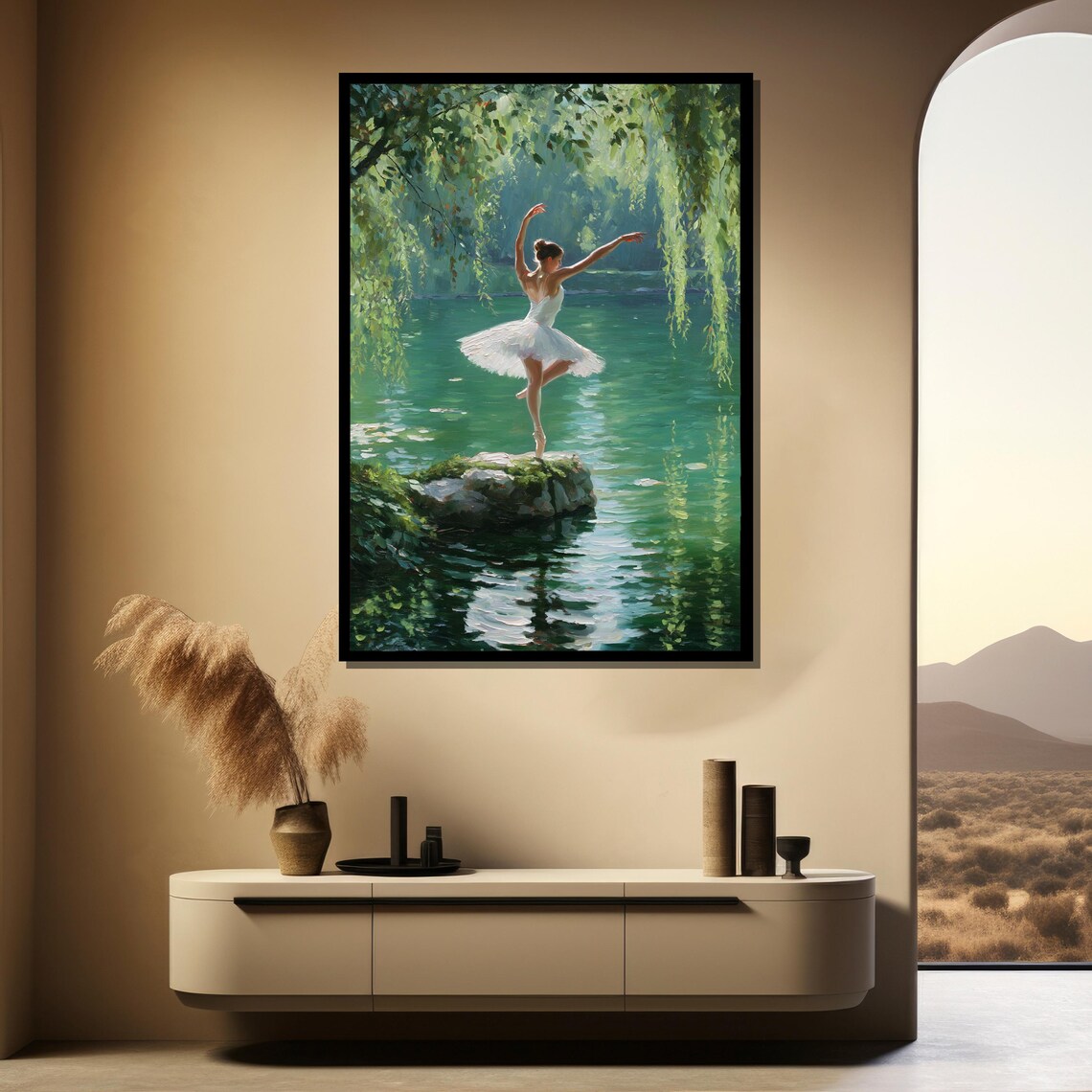 Ballerina Dancing on Mossy Rock by Green Lake Impasto Nature Painting Poster - Image 3