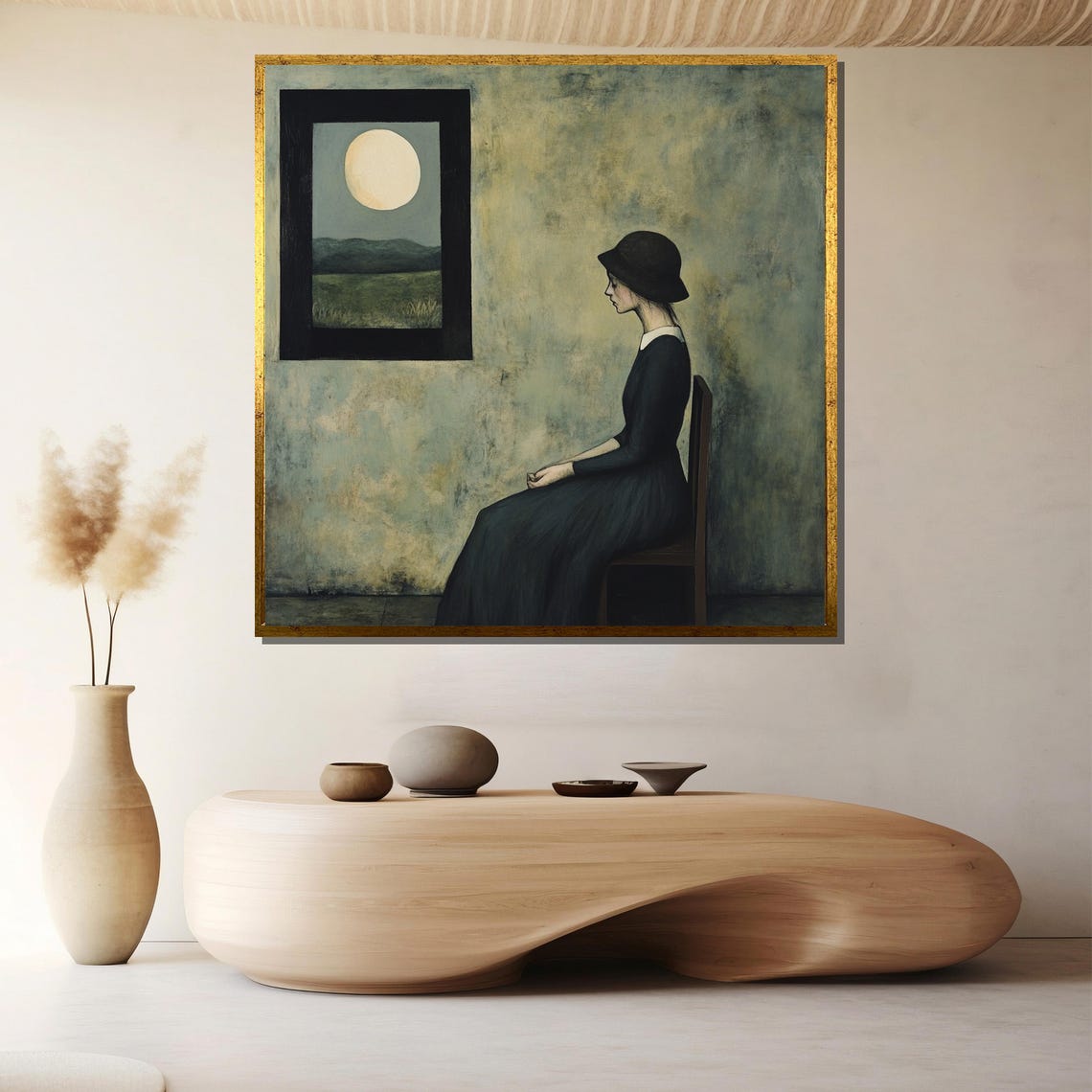 Minimalist Woman Watching Moon Through Window Solitude Night Poster
