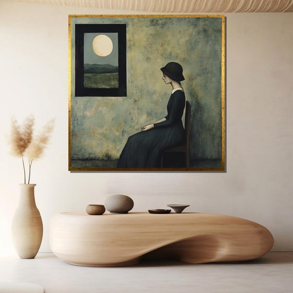 Minimalist Woman Looking At Moon Wall Art Edward Hopper Inspired Solitude Scene For Moody Interior Decor