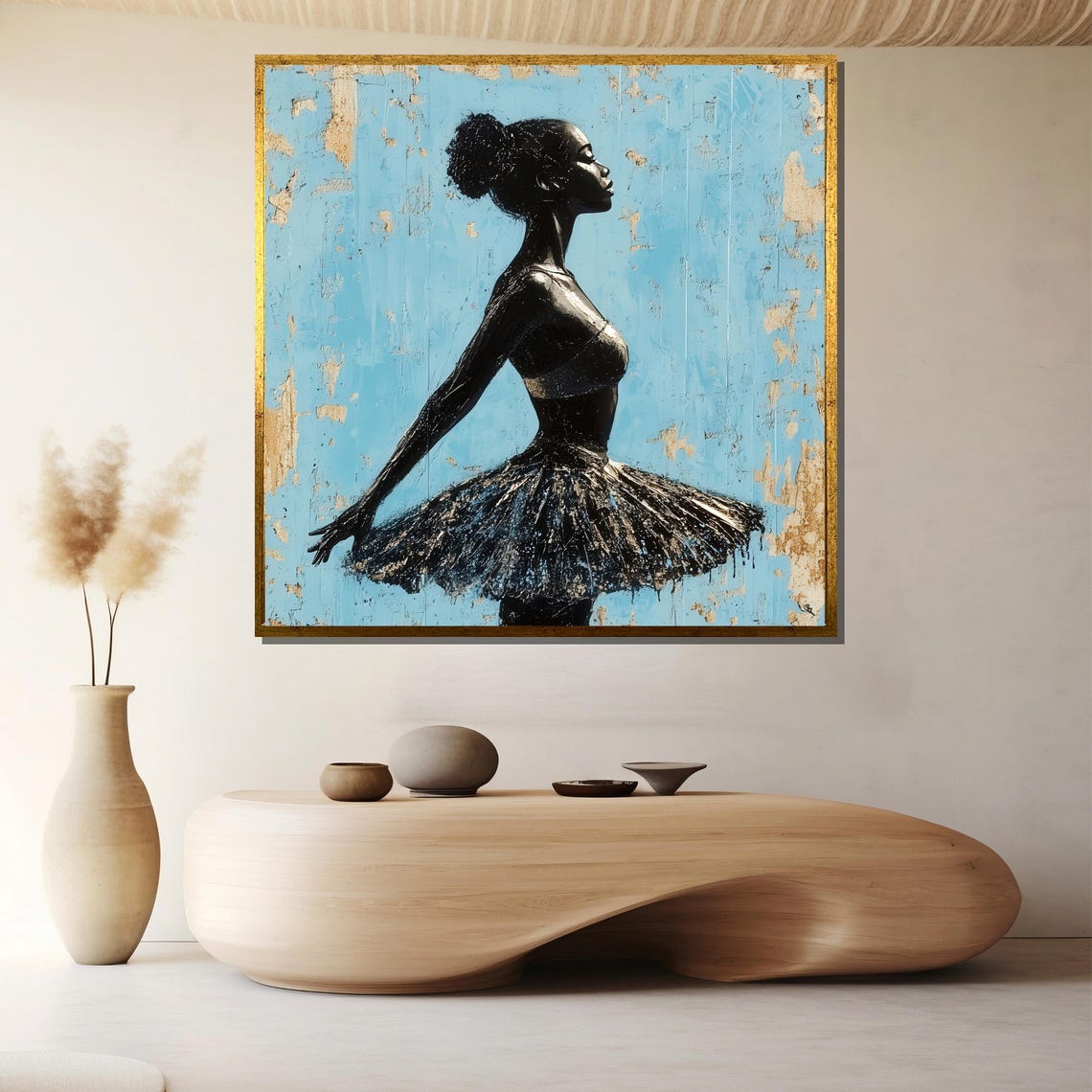 Graceful Ballerina Silhouette Against Golden Blue Background Poster