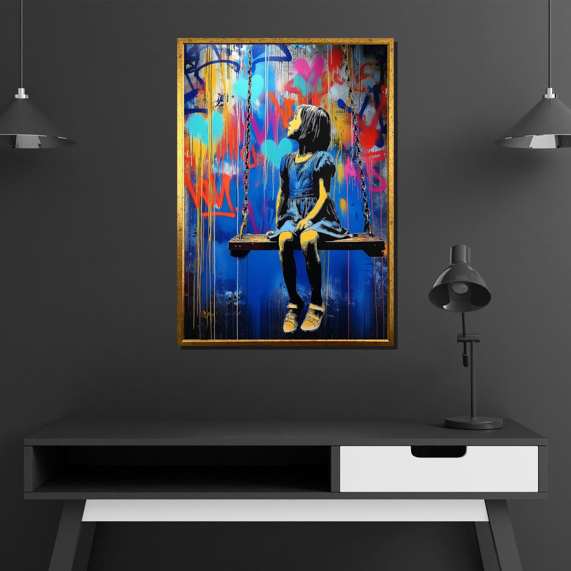 Girl on Swing Stencil Graffiti Wall Hearts Street Art Style Poster - Image 4