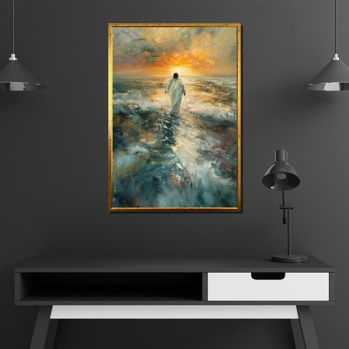 Jesus Walking on Water Sunrise Ocean Miraculous Faith Poster - Image 2