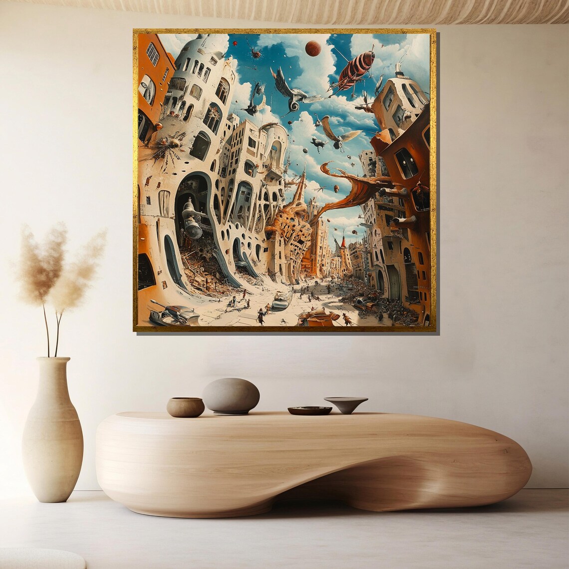 Whimsical Surreal City Melting Spires Flying Machines Chaos Art Poster