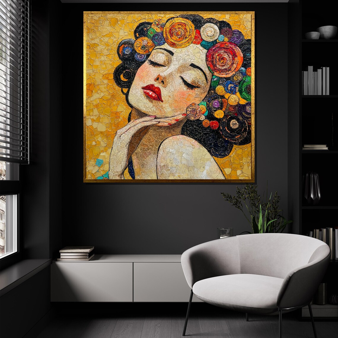 Mosaic Woman Portrait Colorful Spiral Hair Golden Red Lips Art Poster - Image 4