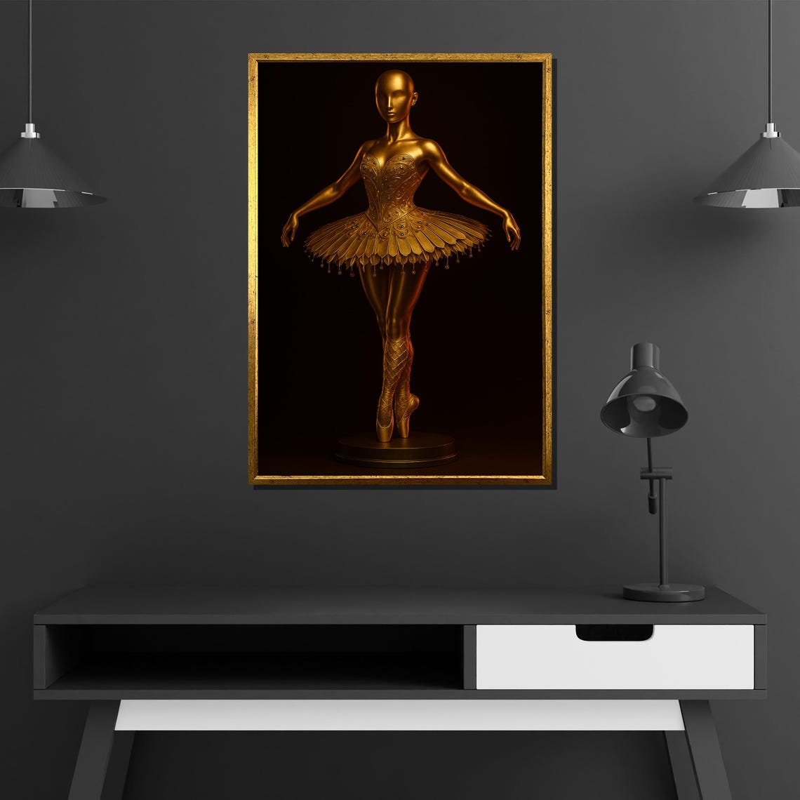 Golden Ballerina Sculpture Black Background Elegant Dance Wall Art - Image 2