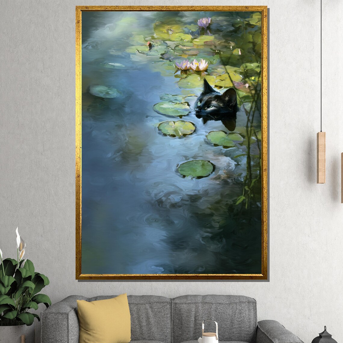 Black Cat Swimming Through Water Lilies Dreamy Impressionist Pet Painting Poster - Image 4