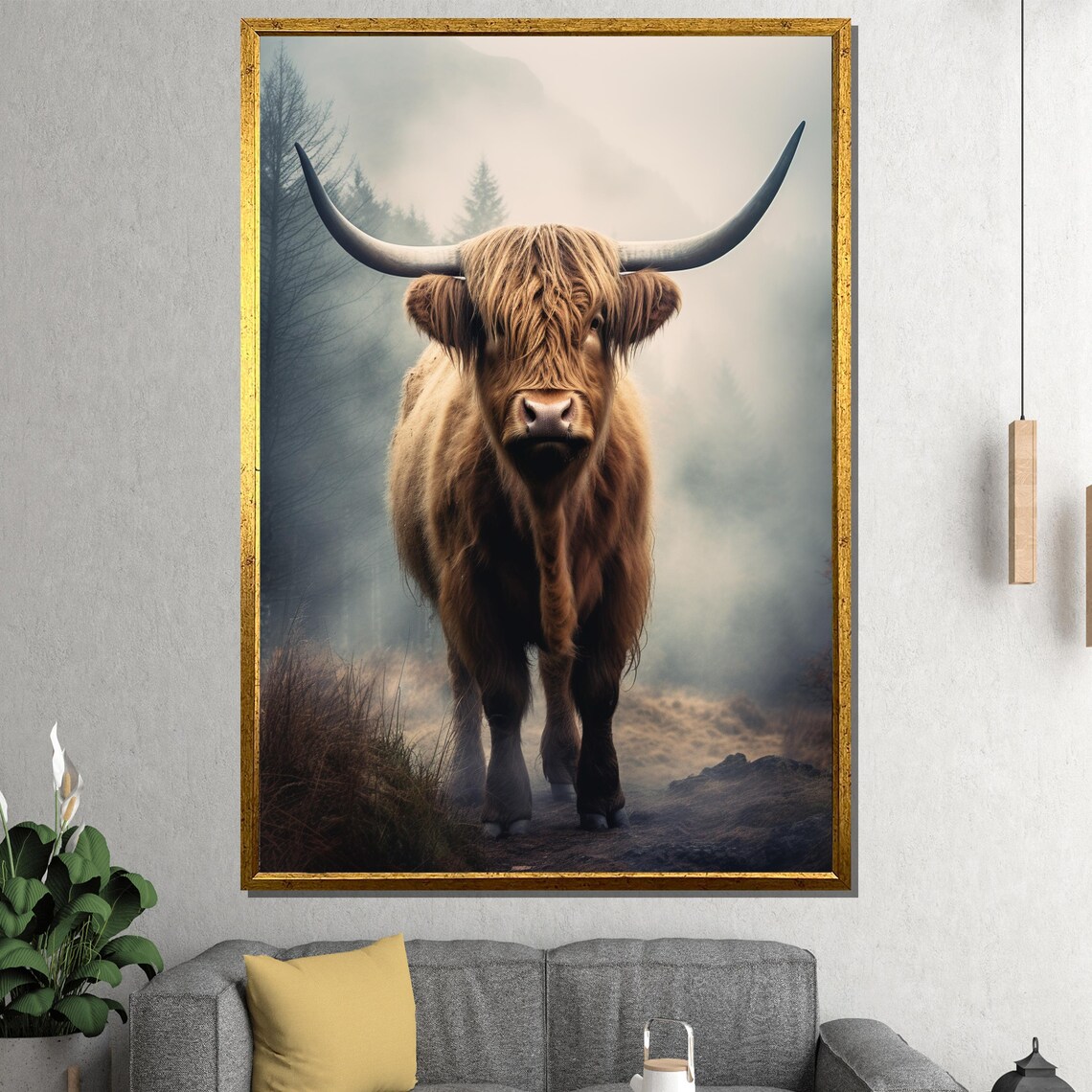 Shaggy Highland Cow Misty Morning Long Horns Rustic Farm Poster - Image 2