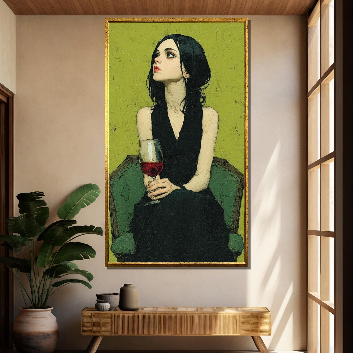 Woman in Black Dress Holding Wine Glass Expressionist Portrait Poster - Image 3