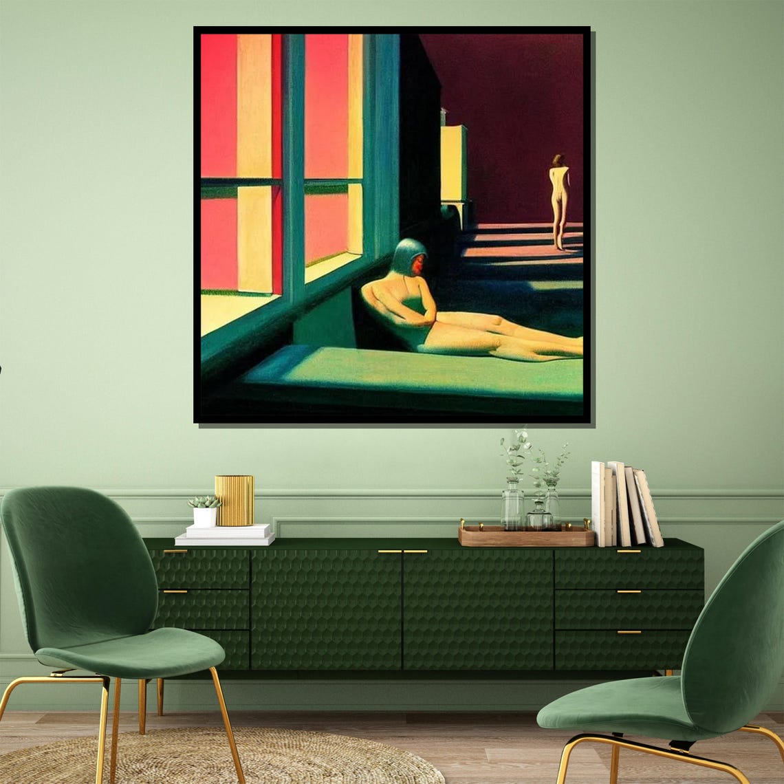 Edward Hopper Style Colorful Coastal Room Interior Figures Poster - Image 3