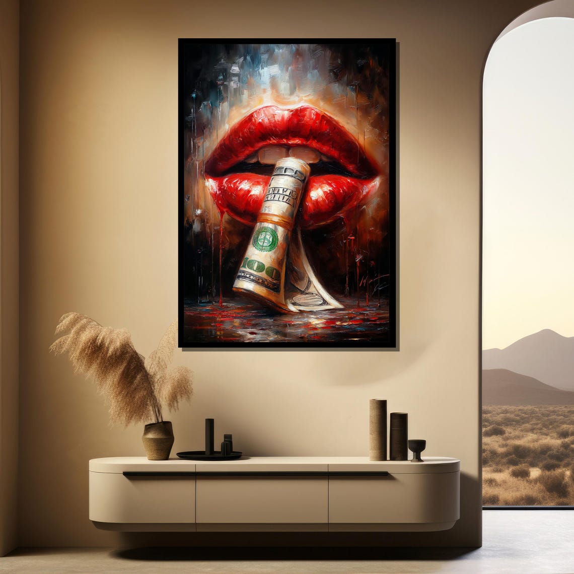 Red Lips Holding Hundred Dollar Bill Pop Art Money Style Poster - Image 3