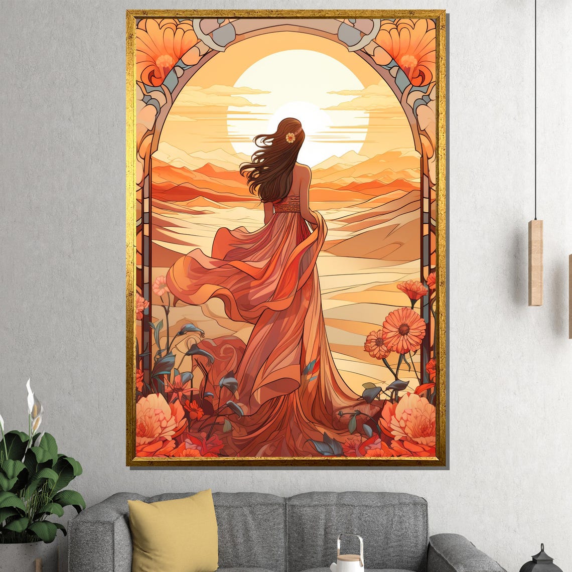 Woman Watching Sunset Art Nouveau Style Floral Golden Arch Poster