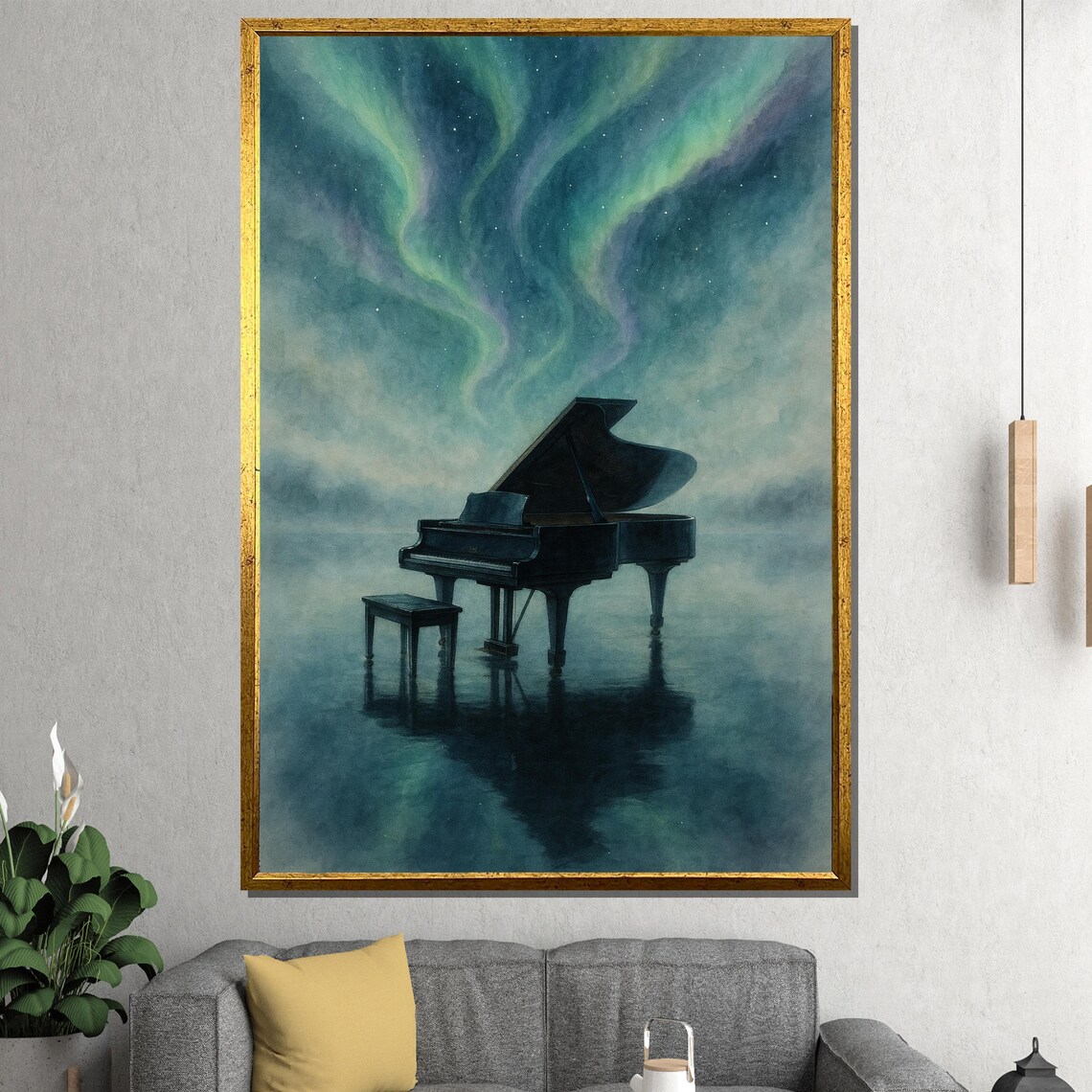 Grand Piano Standing Under Green Aurora Borealis Night Sky Dreamy Painting Poster