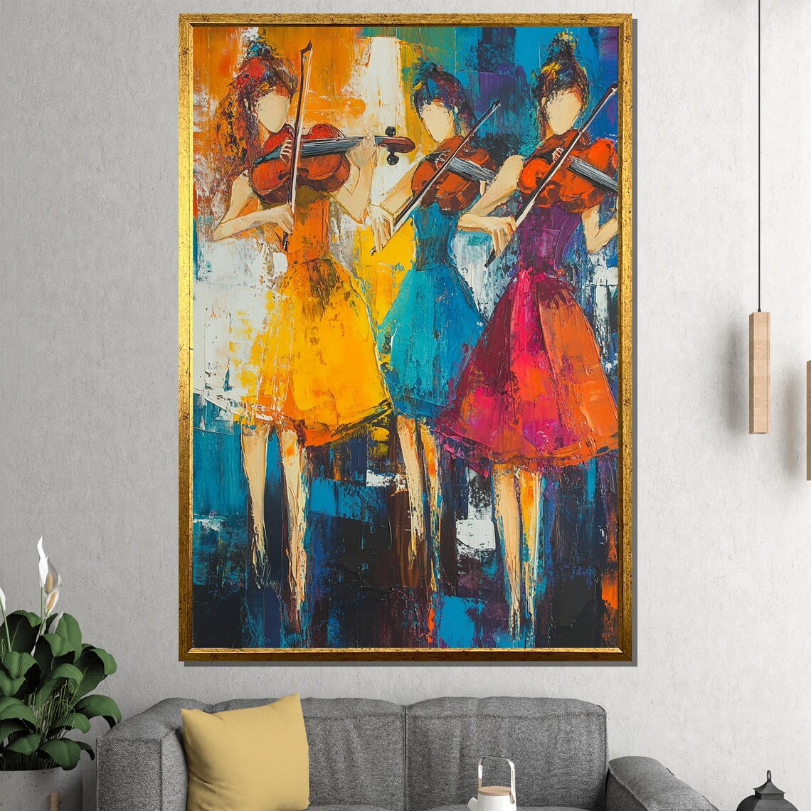 Three Women Violinists Abstract Colorful Oil Painting Music Poster