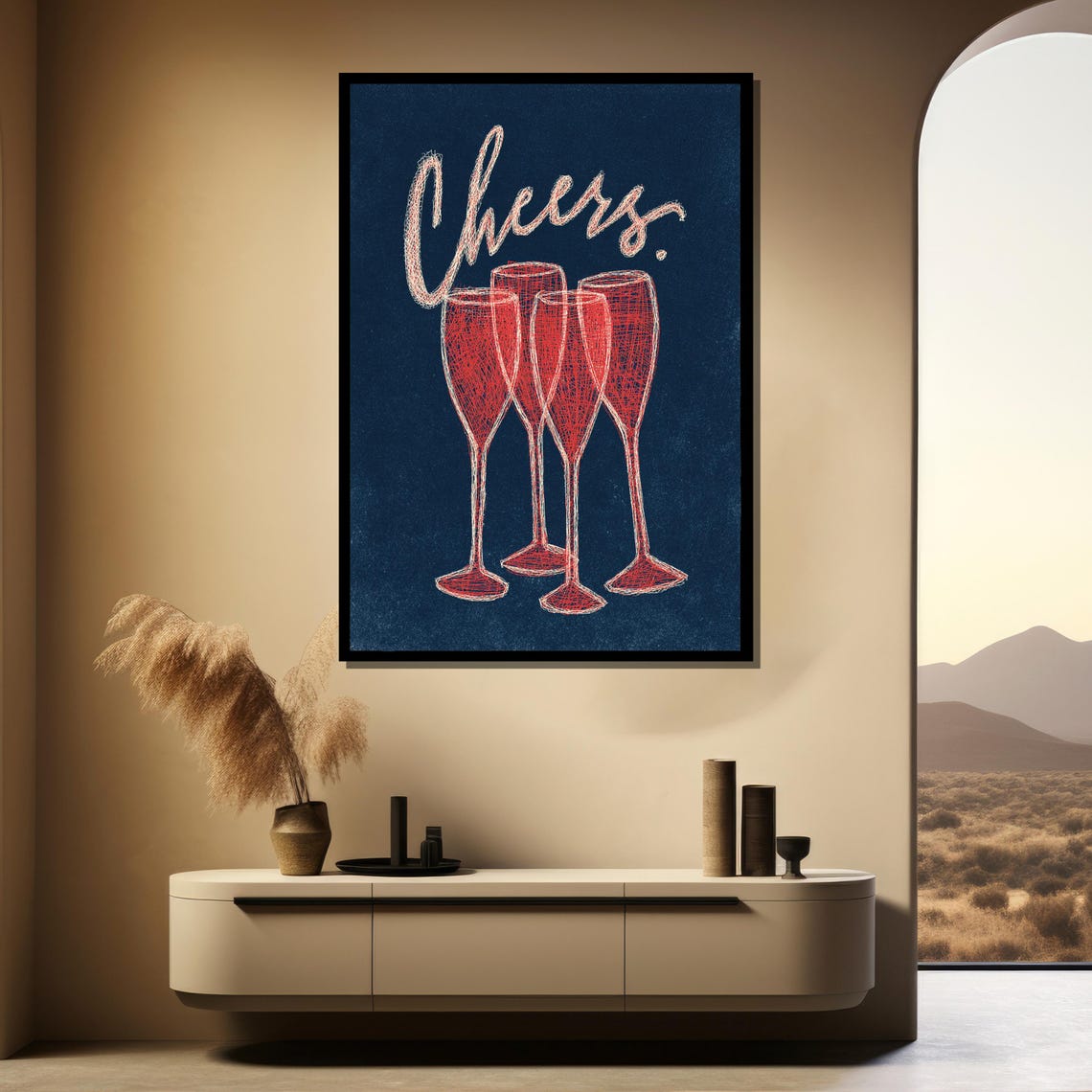 Cheers Champagne Flutes Navy Blue Sketch Bar Party Celebration Poster - Image 3