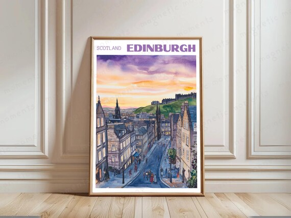 Edinburgh Scotland Watercolor Sunset Old Town Street Travel Poster
