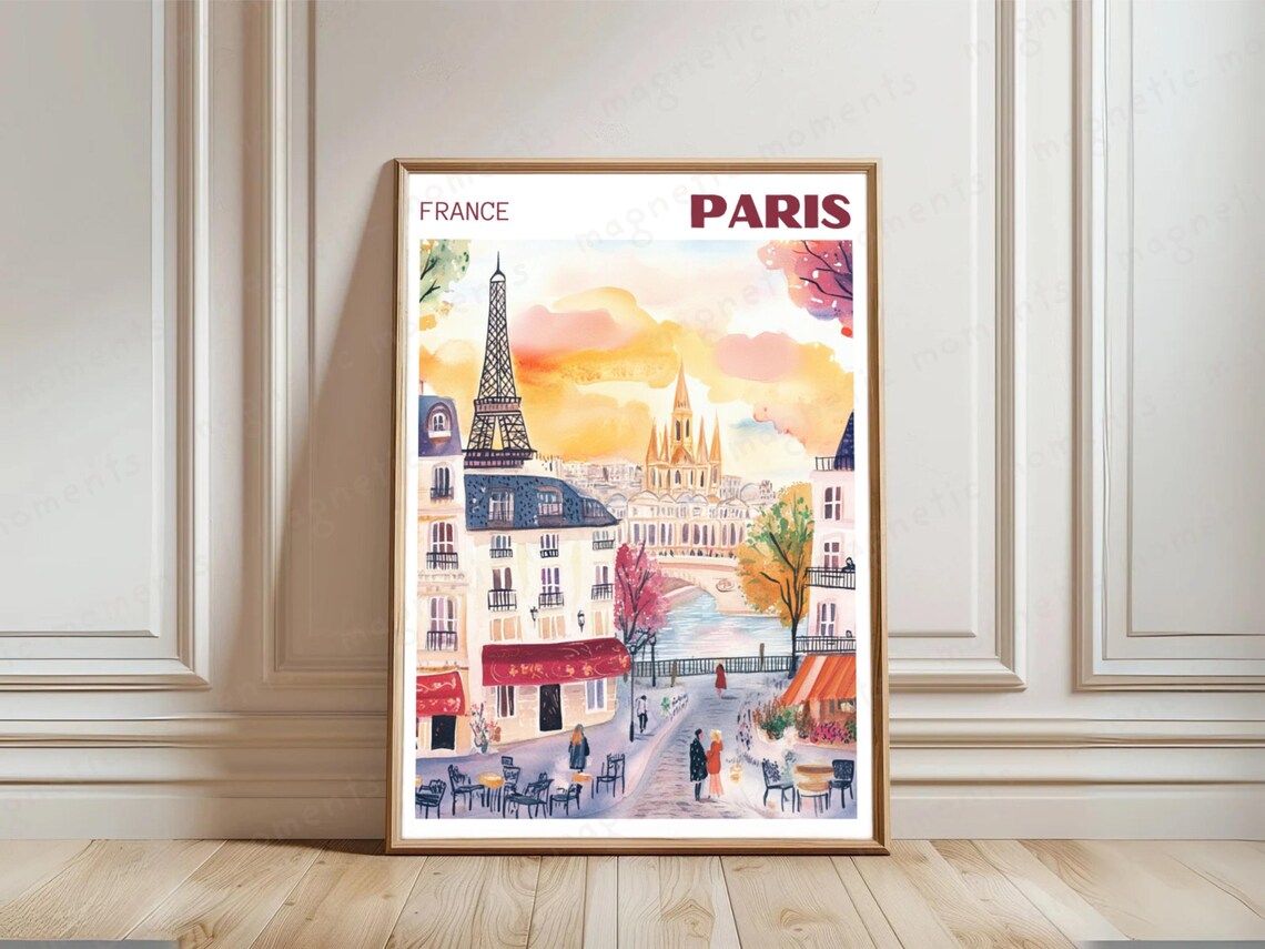 Paris France Watercolor Cityscape Travel Illustration Poster