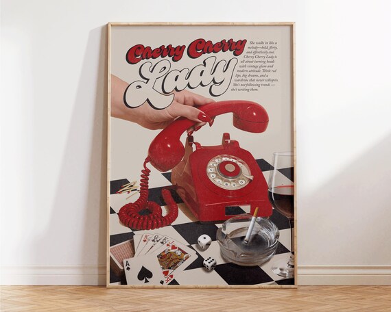 Cherry Cherry Lady Retro Red Telephone 70s Pop Art Style Vintage Poster