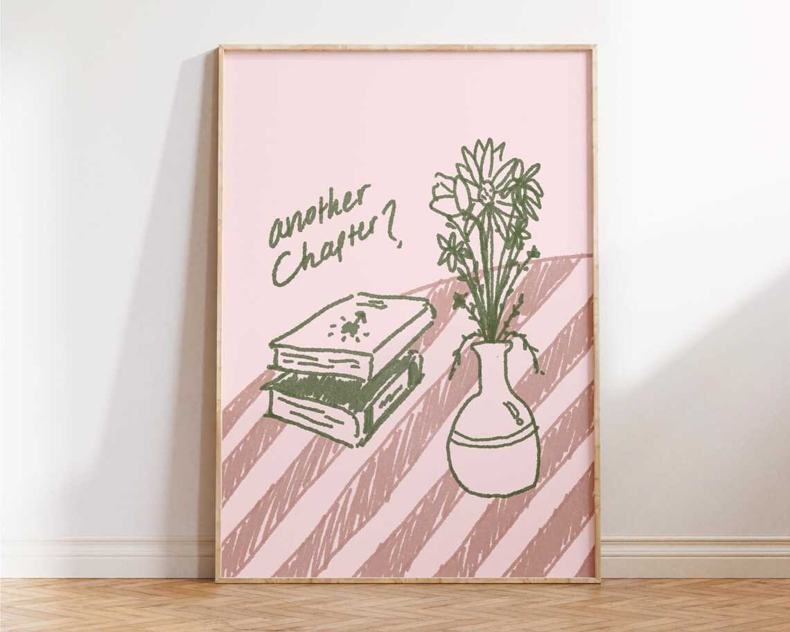Another Chapter Books and Flowers Pink Green Sketchy Art Poster