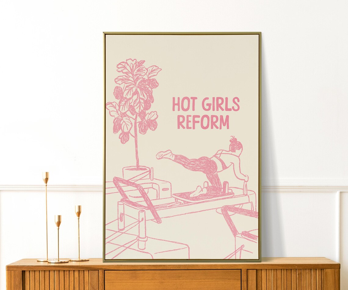 Hot Girls Reform Pink Line Art Pilates Plant Quote Decor Print