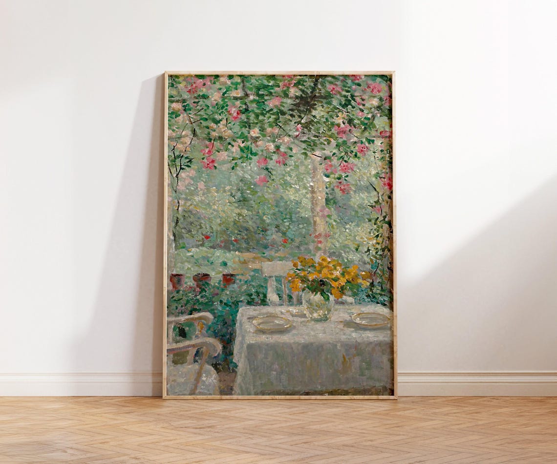 Impressionist Garden Terrace Pink Blossoms Al Fresco Dining Poster